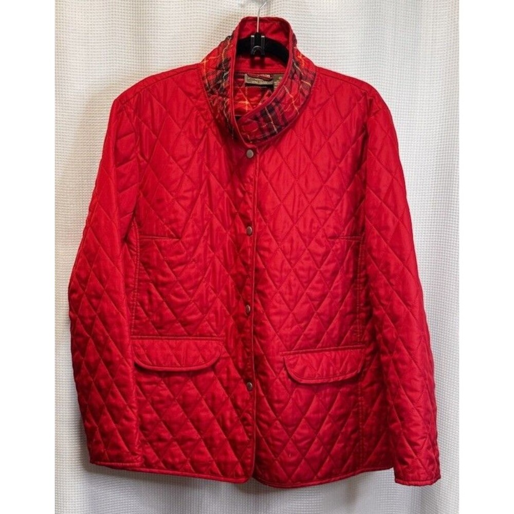 Jane Ashley Women 1X Red Quilted Jacket Plaid Lined Snap Front Barn Coat